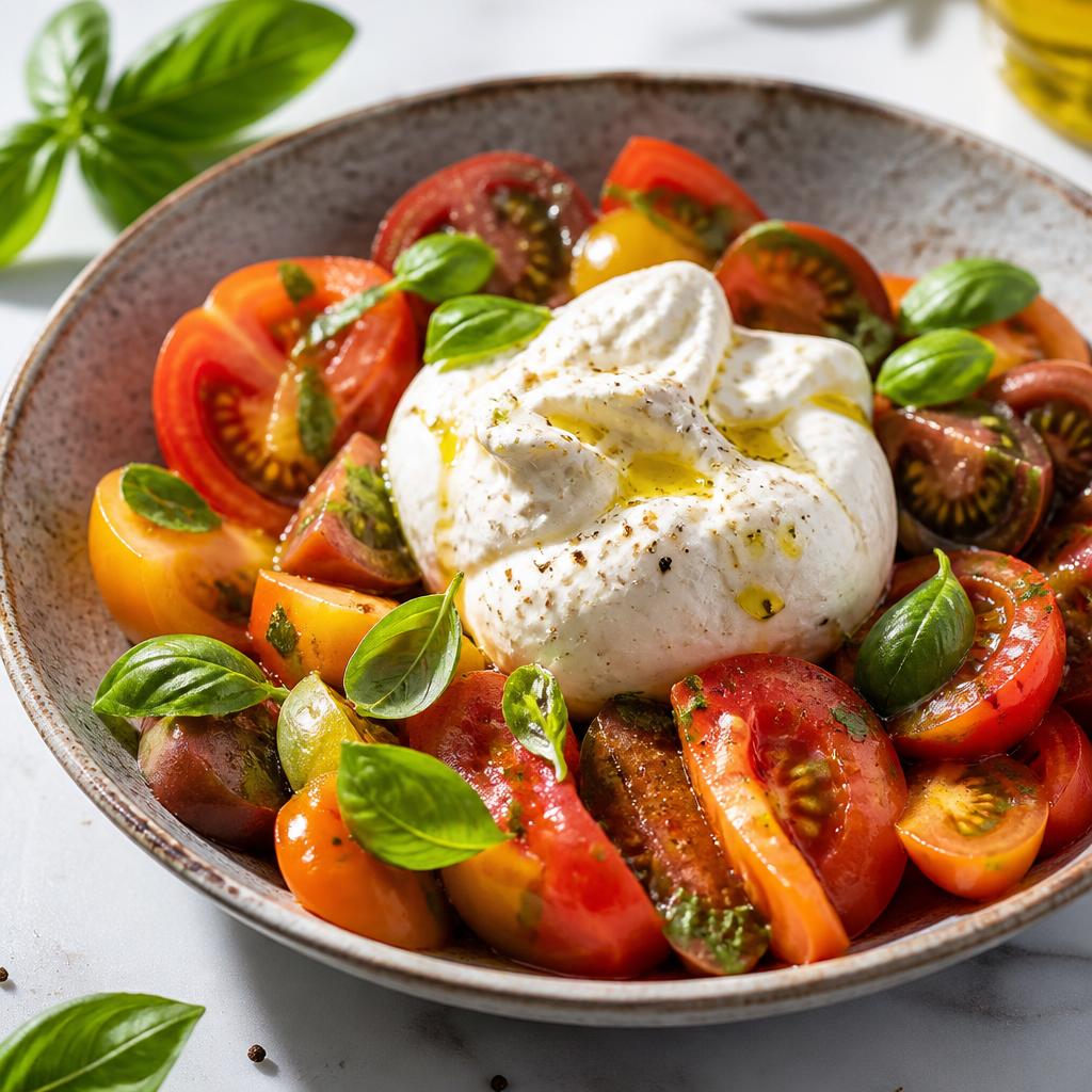 Salada de burrata com tomates coloridos e manjericão